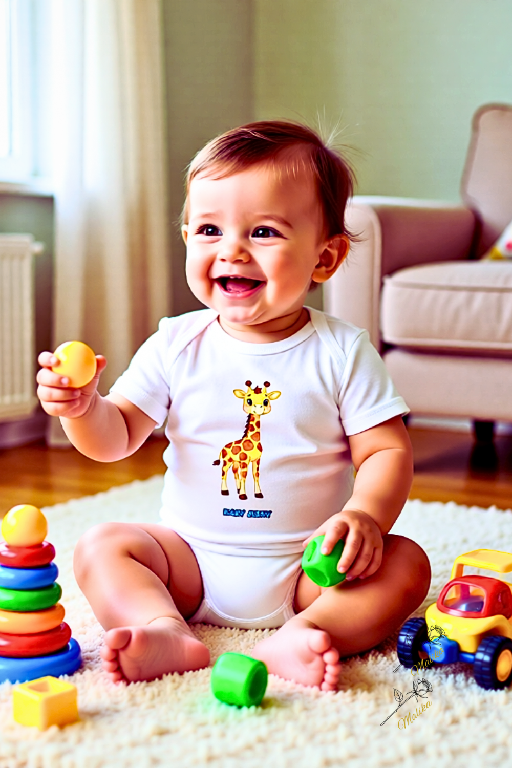 Baby playing with colorful toys on a carpeted floor
