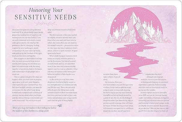 Magazine page with text and a pink silhouette of a mountain and river on a light purple background. Sensitive Needs, Recharge healing