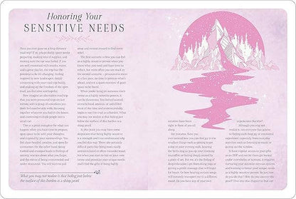 Magazine page with text and a pink silhouette of a mountain and river on a light purple background. Sensitive Needs, Recharge healing