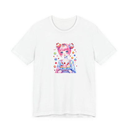 Girl with pink hair holding a cupcake with floating cherries printed ona white shirt.