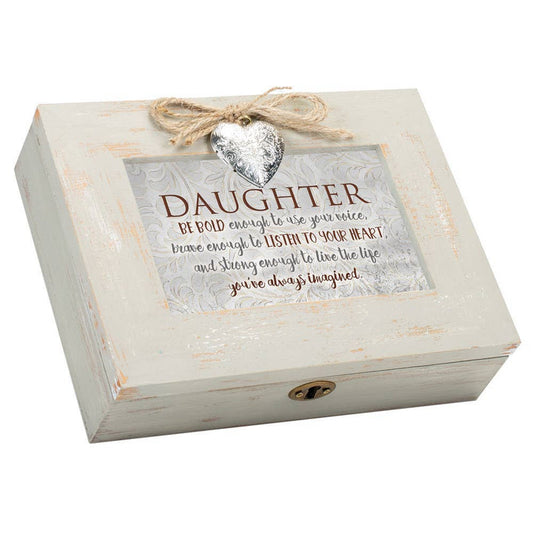 Wooden box with a heart-shaped tag and motivational message for a daughter on a white background