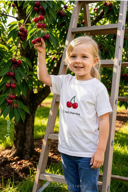 A young girl stands on a wooden ladder in a cherry orchard, wearing a white graphic t-shirt that reads '2 red cherries' with an illustration of three red cherries. She is reaching for cherries hanging from a tree.