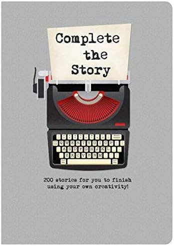 Notebook with typewriter design and text 'Complete the Story' on a gray background