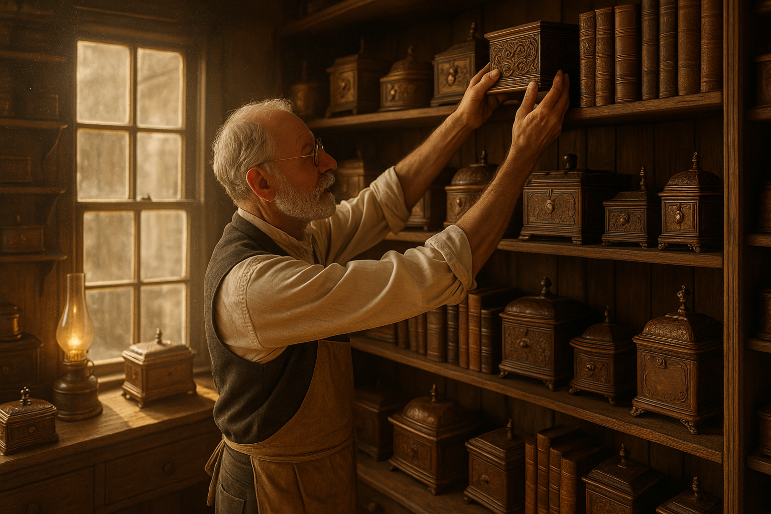 Creat image of an old fashioned shopkeeper in a general store stocking shelves with music boxes and books