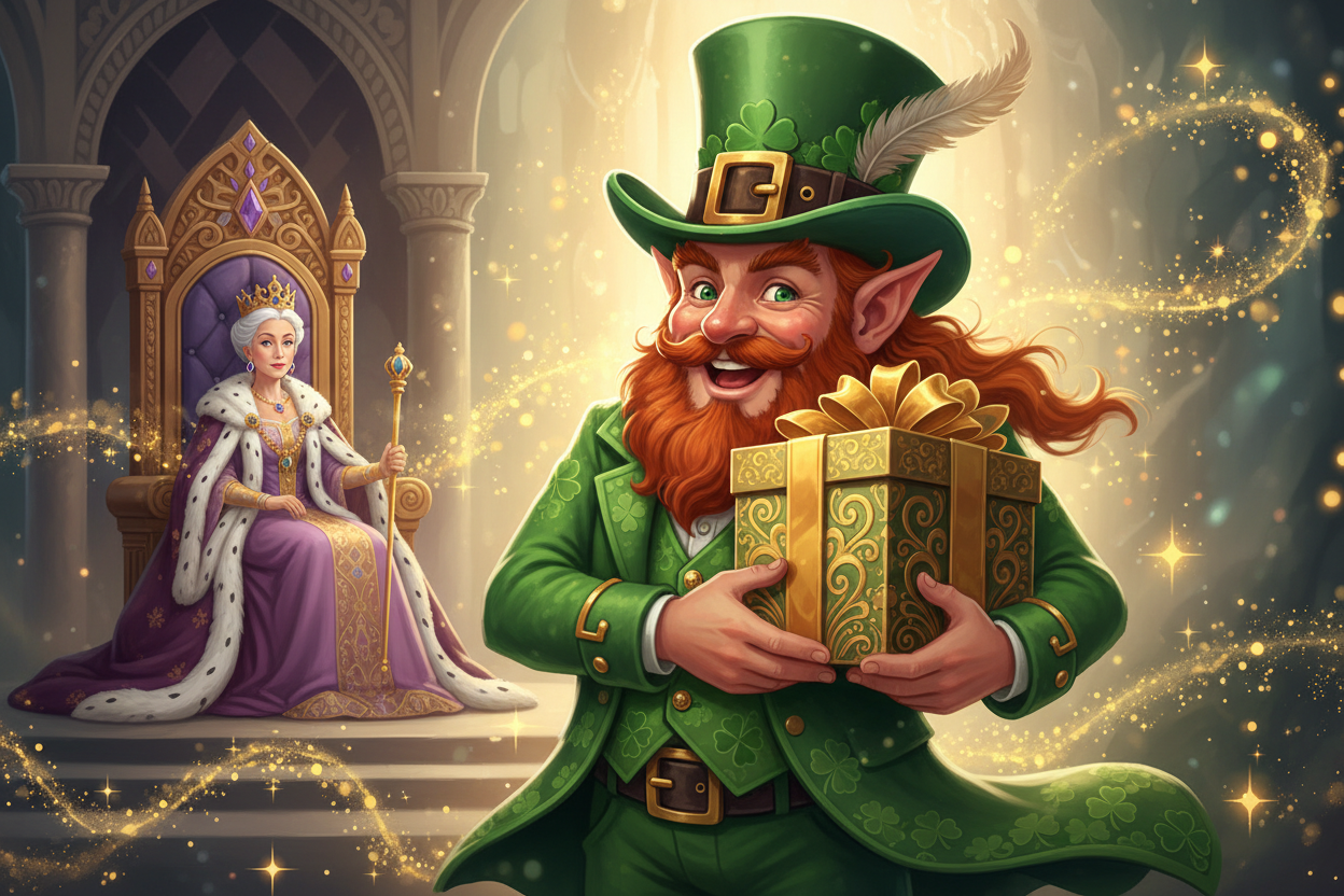 create a magical leprechaun with a gift box from the queen who is seated far in the background 