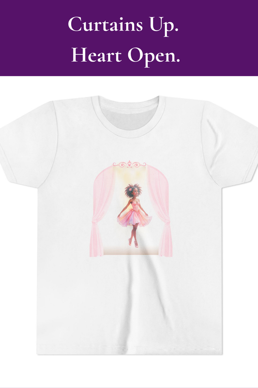 a dress and pink curtains, text 'Curtains Up. Heart Open.' at the top.