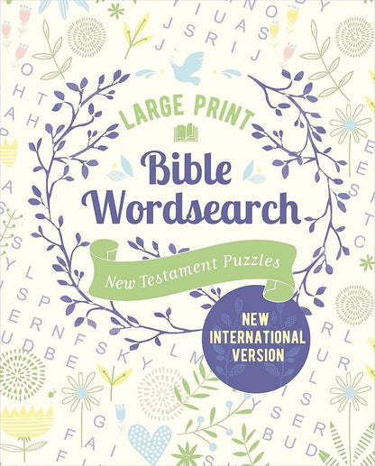 Book cover of 'Large Print Bible Wordsearch New Testament Puzzles' with decorative elements and text.
