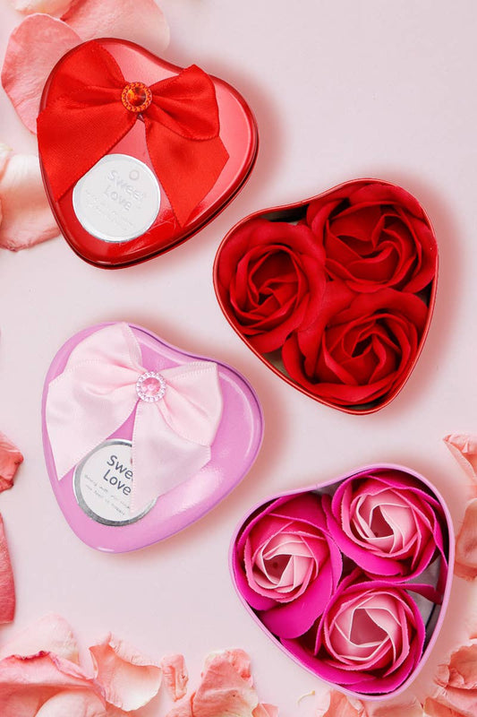 Mini Heart Tin Can Artificial Soap Rose - 3 pcs Set