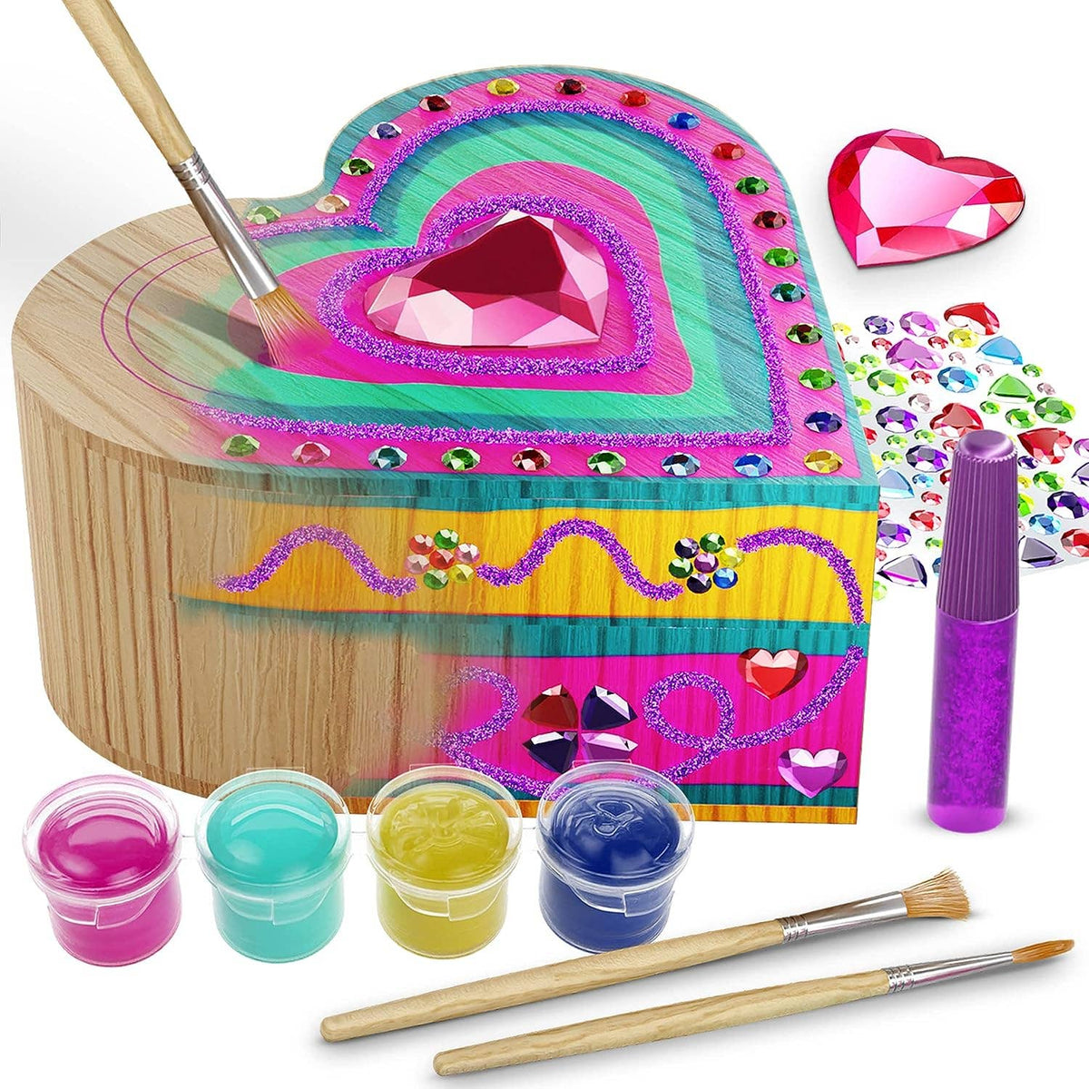 Paint Your Own Wooden Kids Heart Treasure Box craft kit with paints, gems, and palette.