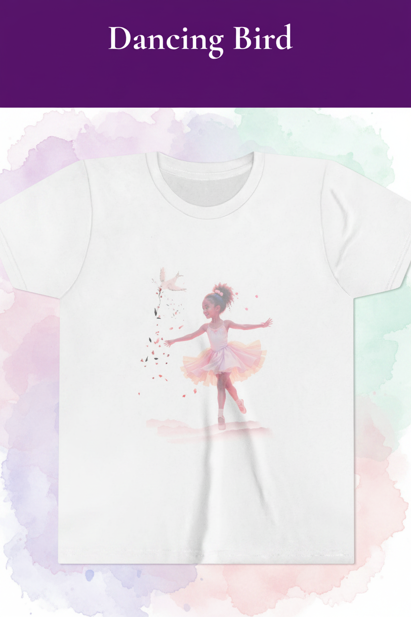 White t-shirt with a graphic of a ballerina in a tutu feedinga bird on a pastel  background