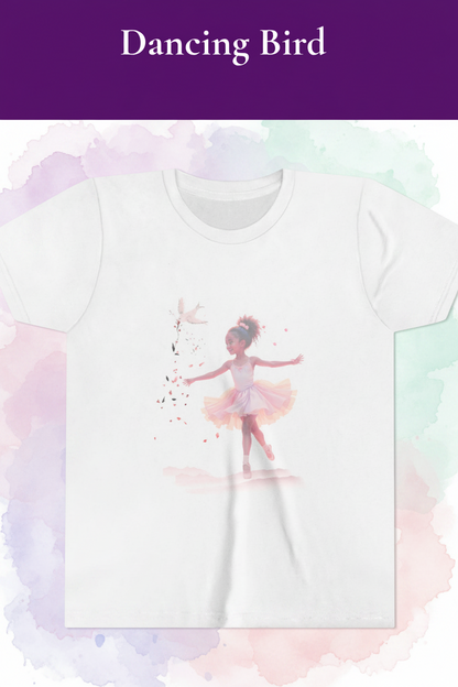 White t-shirt with a graphic of a ballerina in a tutu feedinga bird on a pastel  background