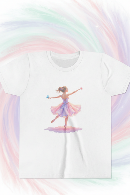 White t-shirt with a colorful  ballerina with butterfly design on a pastel background
