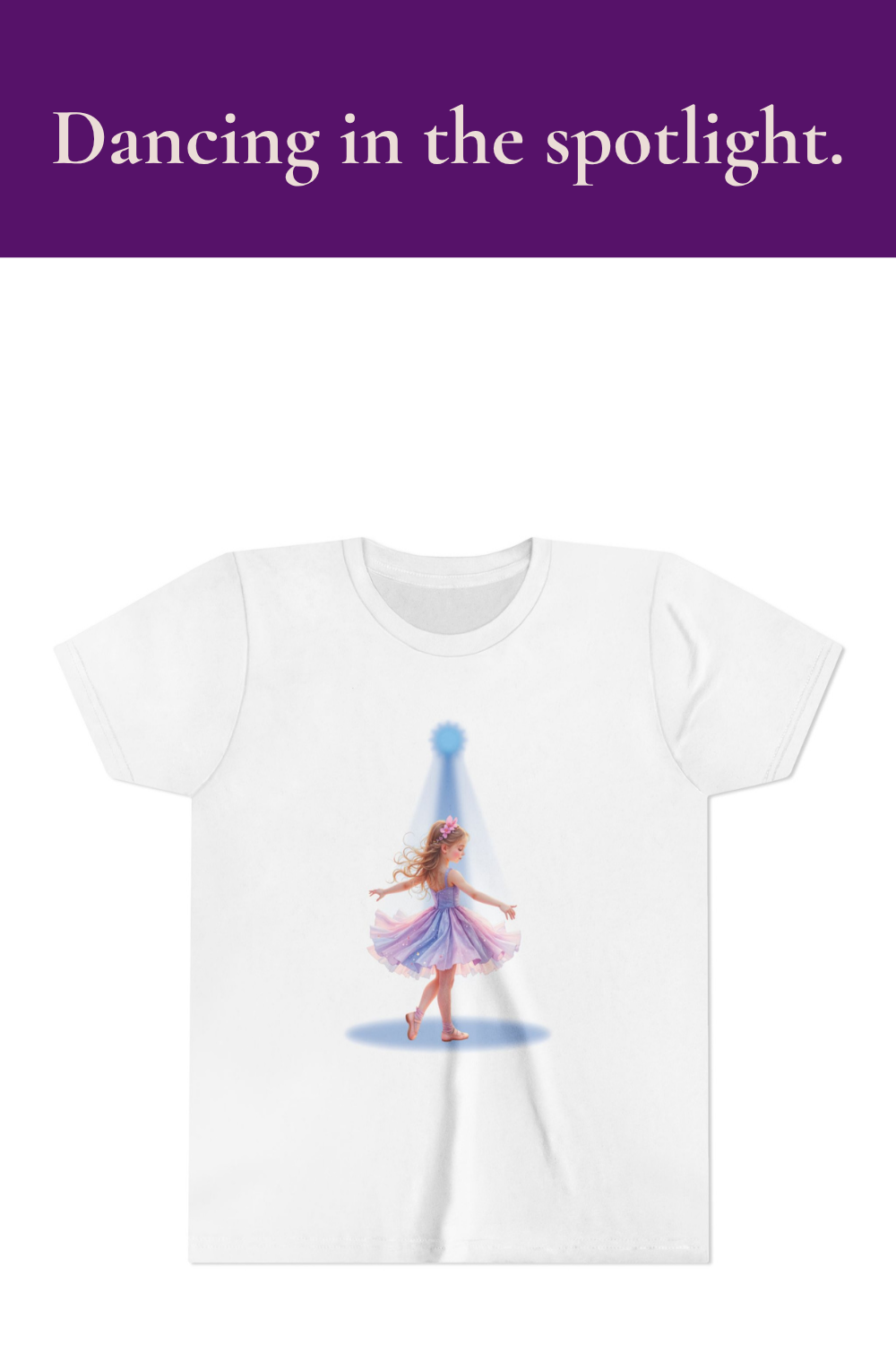 White t-shirt with a colorful fairy design on a white background.Dancing in the spotlight.