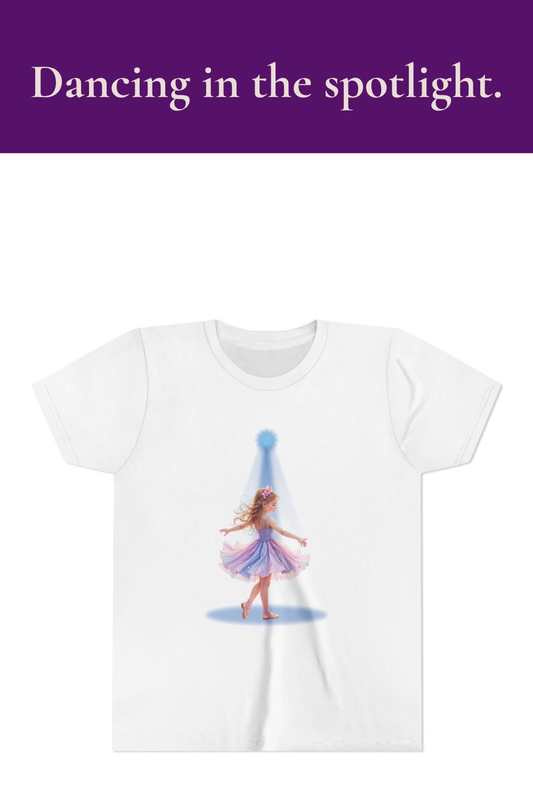 White t-shirt with a colorful fairy design on a white background.Dancing in the spotlight.
