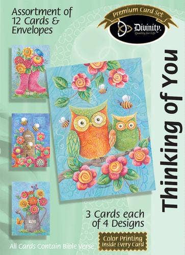 Assortment of 12 cards and envelopes with owl design and 'Thinking of You' text, featuring Dovinity brand.