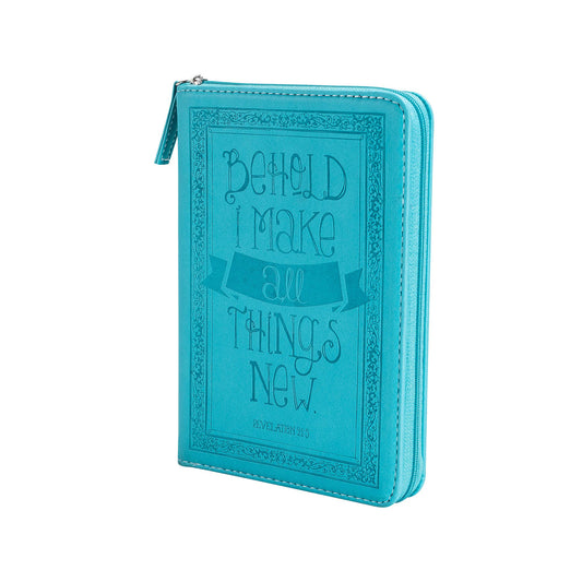 Turquoise or teal  notebook with decorative text on a white background