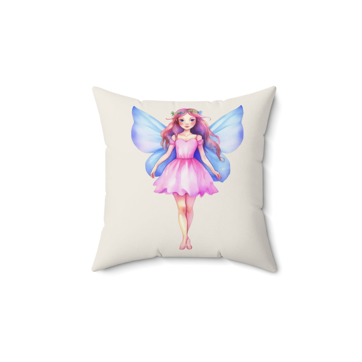 Cream Pillow with a  pink dress blue wings fairy design on a white background