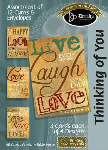 Assortment of 12 cards and envelopes with motivational phrases and Bible verse, featuring the Divinity Card Set brand.