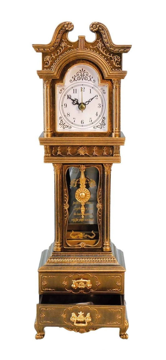 Decorative gold grandfather clock with intricate designs on a white background
