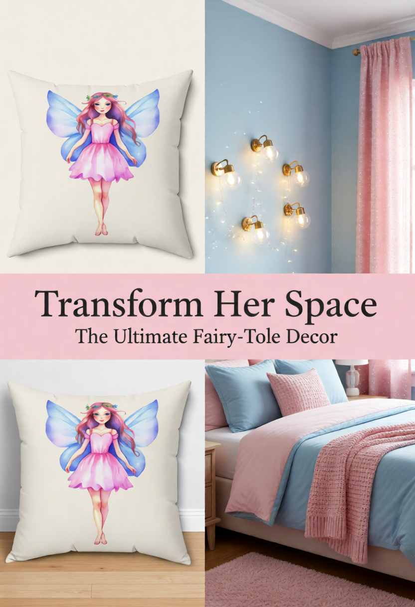 A promotional collage for fairy-themed bedroom decor, showing a square throw pillow with a colorful fairy illustration in three panels: isolated on a white background, mounted on a blue wall with string lights, and styled on a bed with pink and blue bedding. Large text across the center reads, 'Transform Her Space The Ultimate Fairy-Tole Decor.