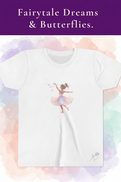 White t-shirt with a fairy design and text 'Fairytale Dreams & Butterflies' on a purple background