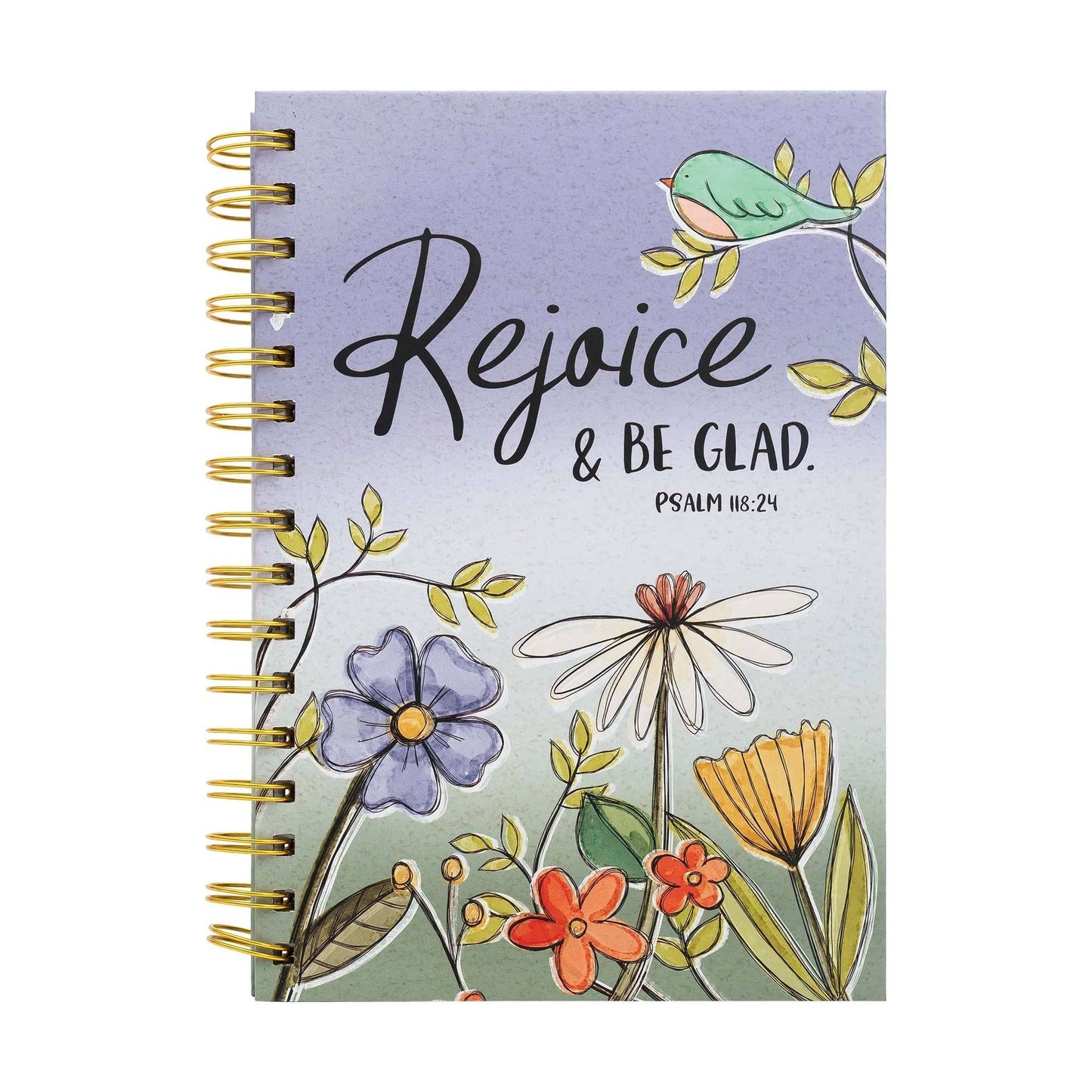 Notebook with floral design and 'Rejoice & Be Glad' text on a white background