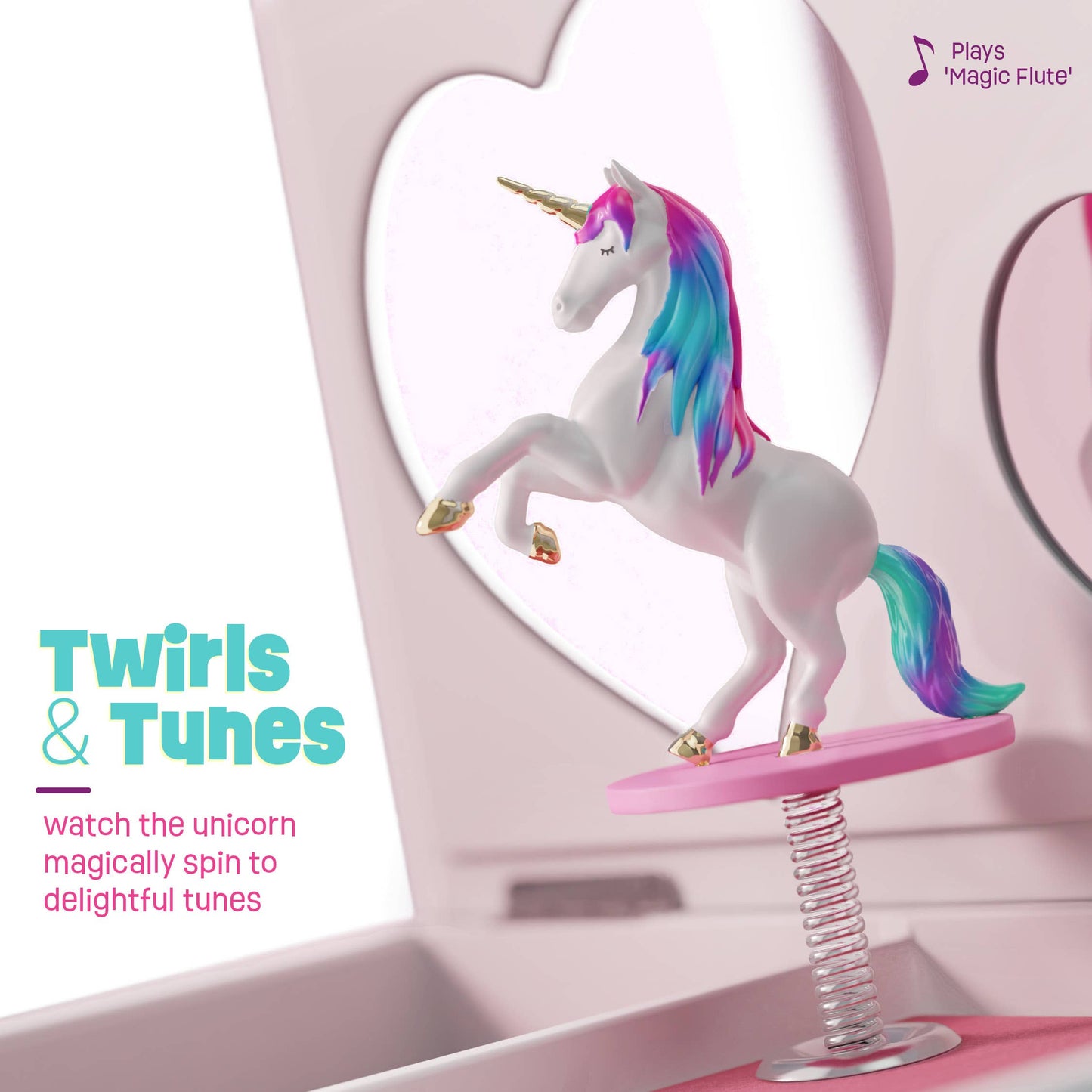 Unicorn toy with spring mechanism and 'Twirls & Tunes' text on a white background