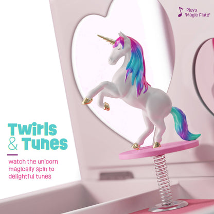 Unicorn toy with spring mechanism and 'Twirls & Tunes' text on a white background