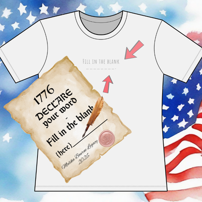 White t-shirt with a Declaration of Independence graphic and American flag background announce to purchasers they have the freedom to choose what is printed on their Important Top.