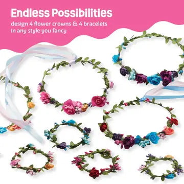 Flower crowns and bracelets with text on a pink background. Finished crown example:  
Handmade flower crown created with the craft kit materials.