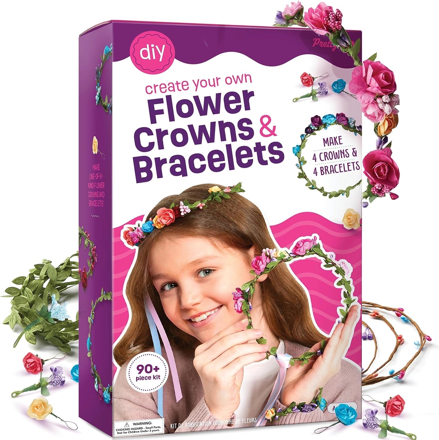 Flower crown and bracelet making kit with flowers, branches, ribbons, and craft tools.