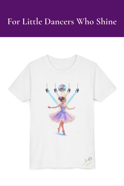 White t-shirt with a colorful dancer graphic and text 'For Little Dancers Who Shine' on a white background.