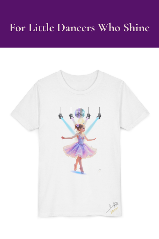 White t-shirt with a colorful dancer graphic and text 'For Little Dancers Who Shine' on a white background.