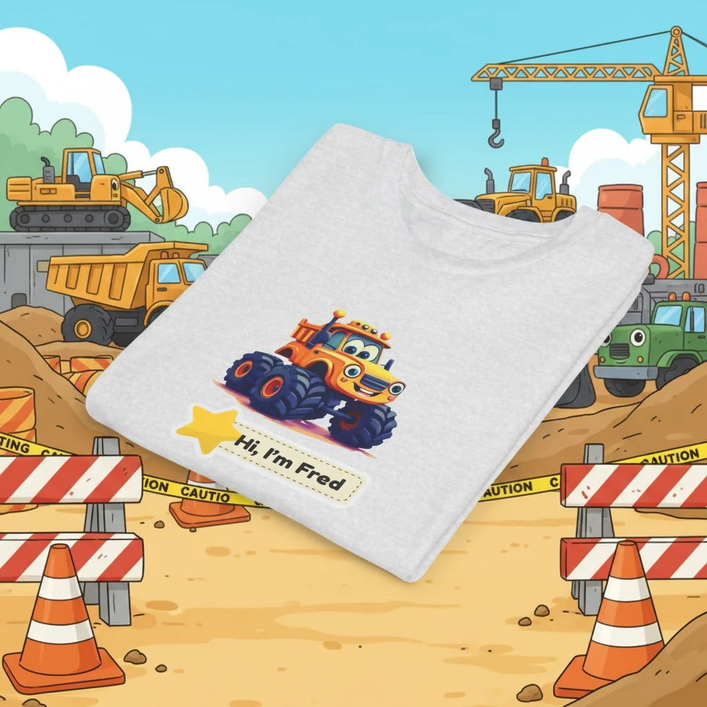 A folded white kid's T-shirt with a cartoon graphic of a yellow construction vehicle and the text 'Hi, I'm Fred' on the front, set against a cartoon construction site background.