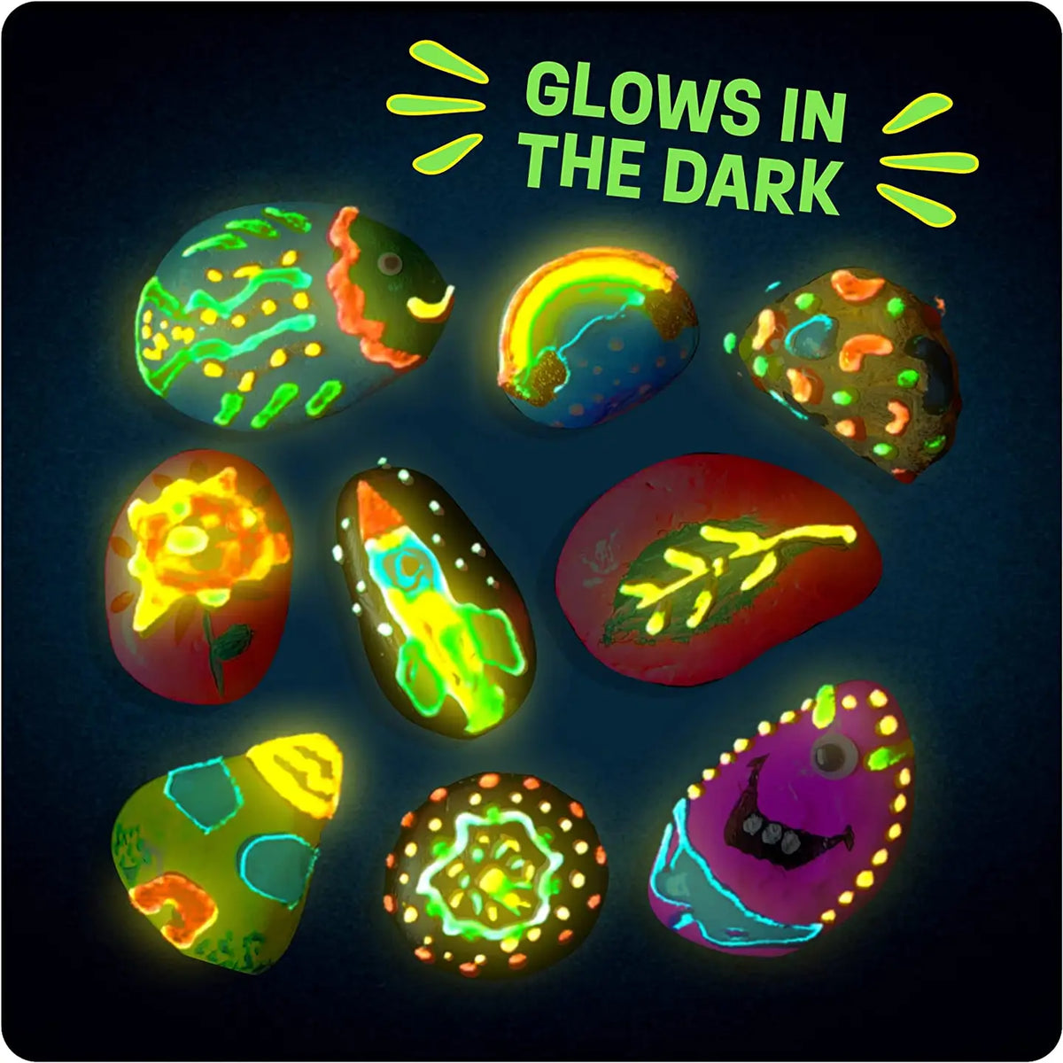 Glow‑in‑the‑dark kids rock painting kit with paints, brushes, rocks, and craft supplies.