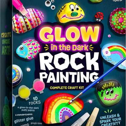 Glow in the Dark Rock Painting Complete Craft Kit with colorful rocks and painting tools on a dark background