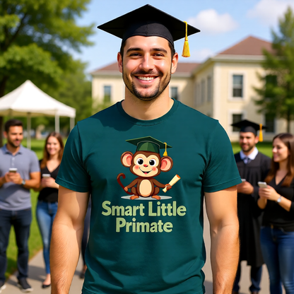 Father wearing a dark green T‑shirt featuring the graduation monkey design and the text ‘Smart Little Primate 2026.’