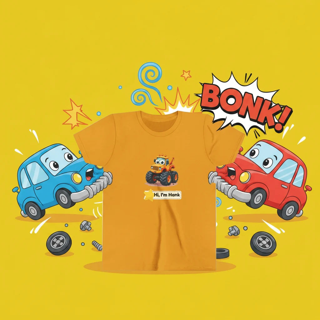  Theis yellow graphic kid's t-shirt featuring a cartoon tow truck and the text 'Hi, I'm Hank'. The shirt is displayed on a bright yellow background with playful cartoon cars and tire props and Hnak is ready to crank the injured cars and tow them away to be repaired.