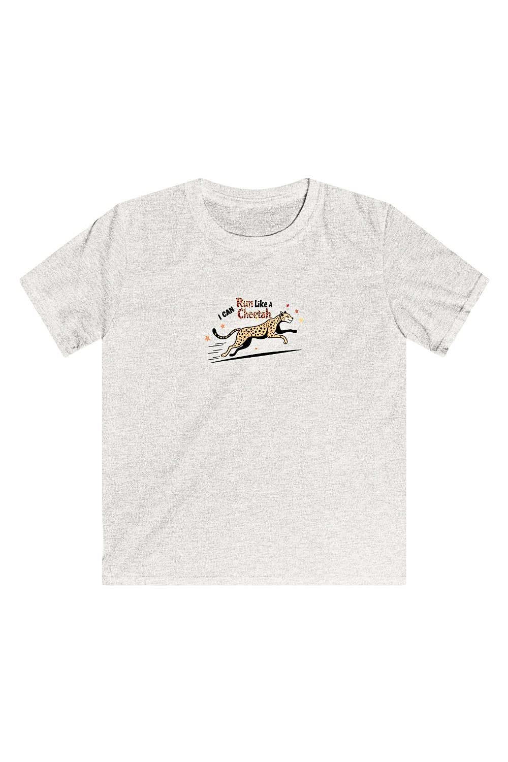 Youth T‑shirt with a playful running cheetah graphic and the phrase ‘I Can Run Like a Cheetah,’ designed for movement confidence and early learning.” GREY TEE.