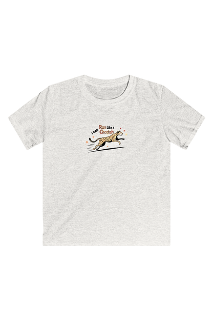 Youth T‑shirt with a playful running cheetah graphic and the phrase ‘I Can Run Like a Cheetah,’ designed for movement confidence and early learning.” GREY TEE.