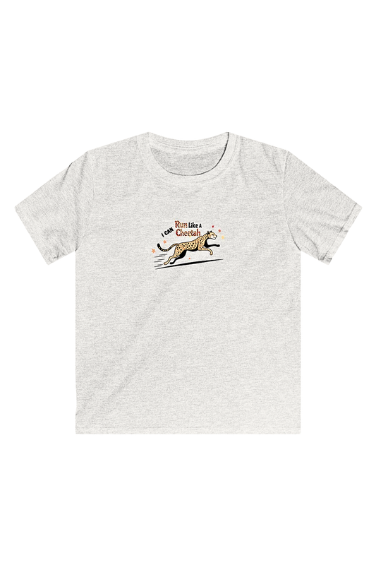 Youth T‑shirt with a playful running cheetah graphic and the phrase ‘I Can Run Like a Cheetah,’ designed for movement confidence and early learning.” GREY TEE.
