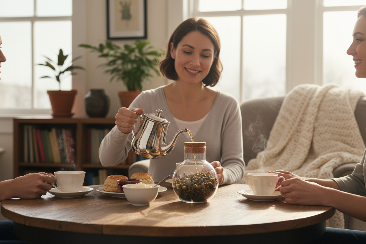 Woman pouring tea from a silver teapot into a glass jar with two people sitting around a table enjoying tea.