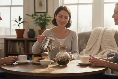 Woman pouring tea from a silver teapot into a glass jar with two people sitting around a table enjoying tea.