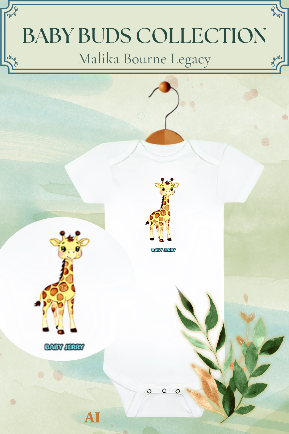 A white baby bodysuit on a wooden hanger with a printed giraffe graphic and the text 'BABY BUDS COLLECTION' and 'Malika Bourne Legacy' at the top, plus a circular inset showing the same giraffe print on a white background.