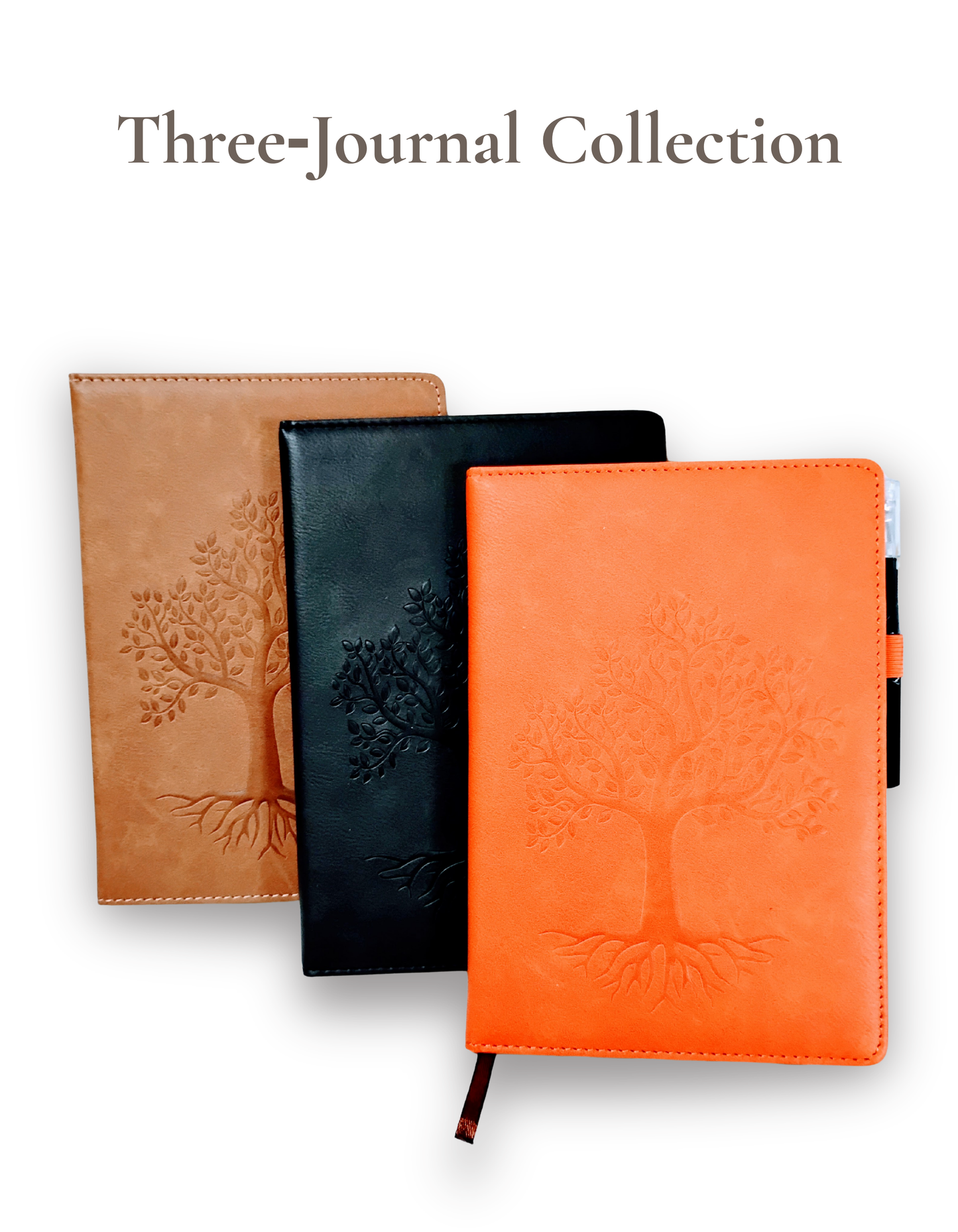 Three embossed leather journals shown in tan, black, and orange, with the text 'Three-Journal Collection' above them on a white background.