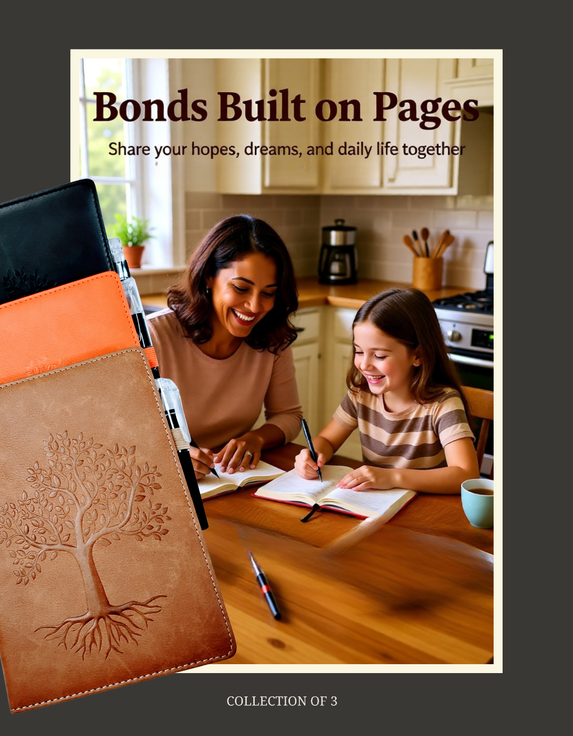 A collage-style promotional graphic showing three leather journal covers in the foreground, with a family scene in a kitchen behind them under the headline 'Bonds Built on Pages' and smaller text 'Share your hopes, dreams, and daily life together.' The bottom reads 'COLLECTION OF 3.