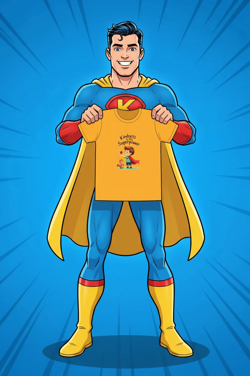 Super hero hold an AI cartoon t-shirt wth text :Kindness is my super power."