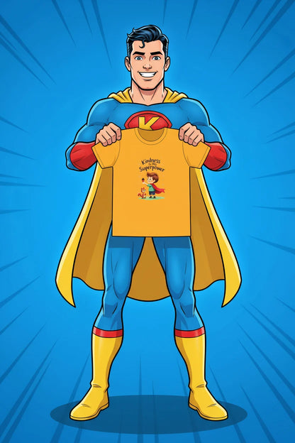 Super hero hold an AI cartoon t-shirt wth text :Kindness is my super power."