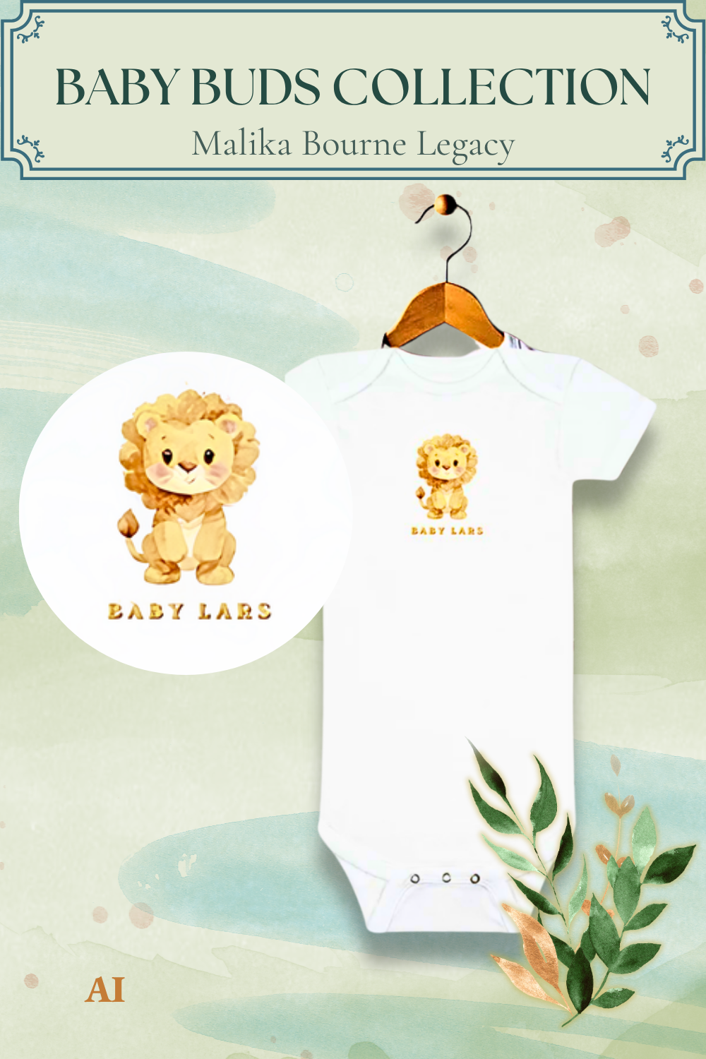 A white short-sleeve baby bodysuit hanging on a wooden hanger against a soft pastel background, featuring a small yellow lion graphic on the chest. A circular inset shows a larger lion illustration with the text 'BABY LARS.