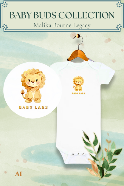 A white short-sleeve baby bodysuit hanging on a wooden hanger against a soft pastel background, featuring a small yellow lion graphic on the chest. A circular inset shows a larger lion illustration with the text 'BABY LARS.